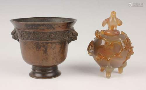 A Chinese brown patinated bronze censer of gently flared for...