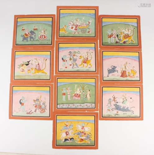 A set of ten Indian Rajput miniature watercolour paintings