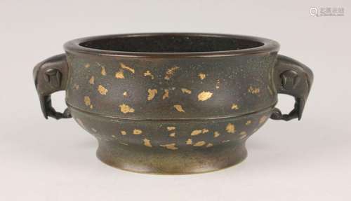 A Chinese brown patinated and gilt-splashed bronze censer