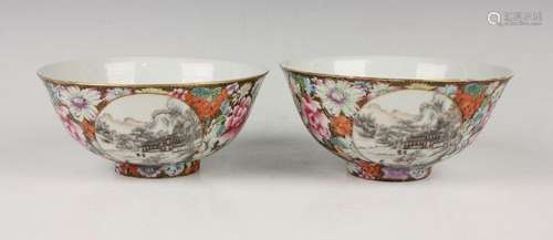 A pair of Chinese millefleurs ground 'medallion' porcelain b...