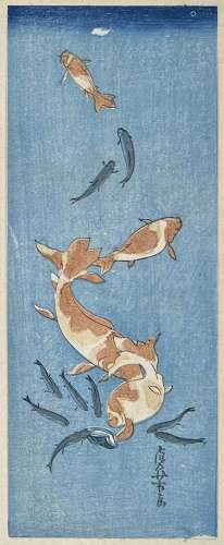 Utagawa Sadayoshi (1837-1850)<br />
Trois tanzaku-e, Crevett...