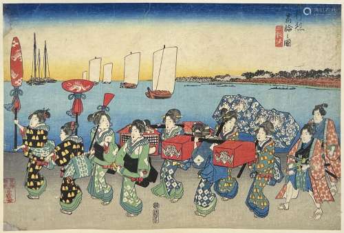 Utagawa Hiroshige (1797-1858)<br />
Triptyque oban yoko-e, O...