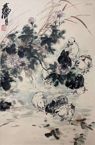 黄胄 花卉雏鸡