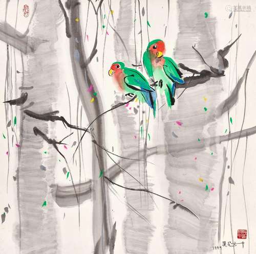 Wu Guanzhong<br />
吴冠中　枝头鸟 | Wu Guanzhong, Lovebirds