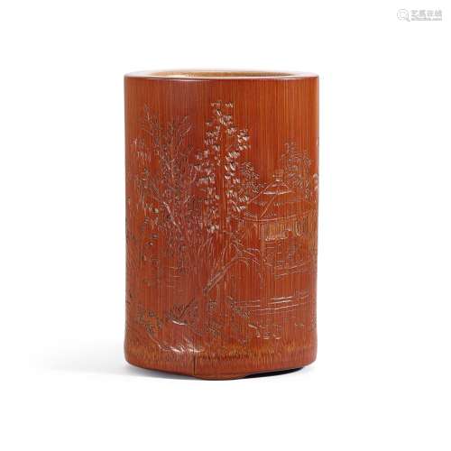 A finely carved bamboo brushpot by Zhou Hao, Qing dynasty, d...