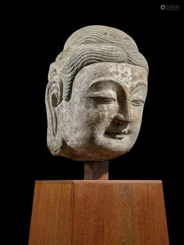 An important and very rare sandstone head of Buddha, Sui - T...