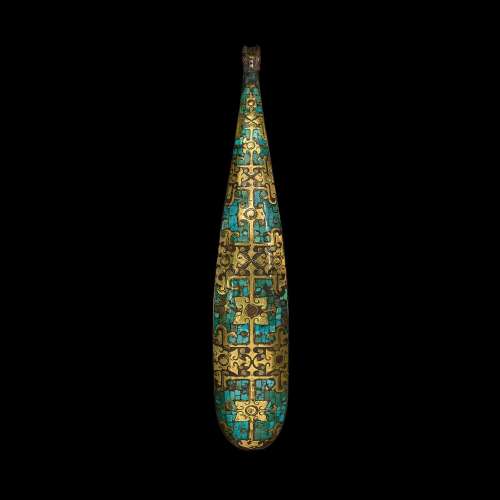 An exceptional gold, silver and turquoise-inlaid bronze garm...