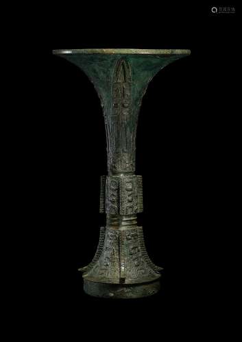 An archaic bronze ritual wine vessel, gu, Shang dynasty, Any...