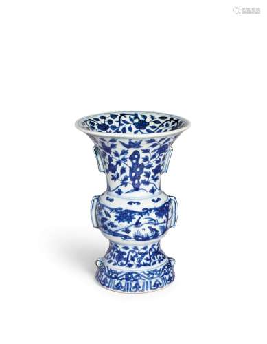 A blue and white 'bird' beaker vase, Mark and period of Wanl...