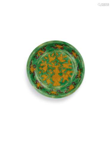 An extremely rare green-ground sancai dish, Mark and period ...