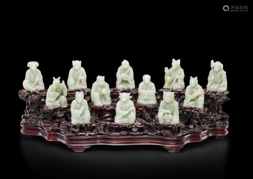 A rare set of twelve pale celadon jade zodiac figures, Qing ...