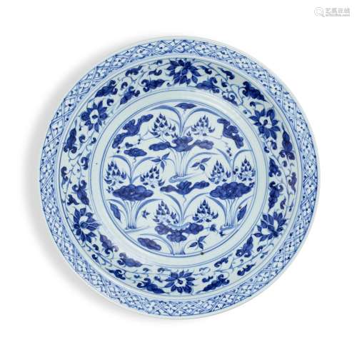 A blue and white 'lotus pond' charger, Yuan dynasty |  元 青...