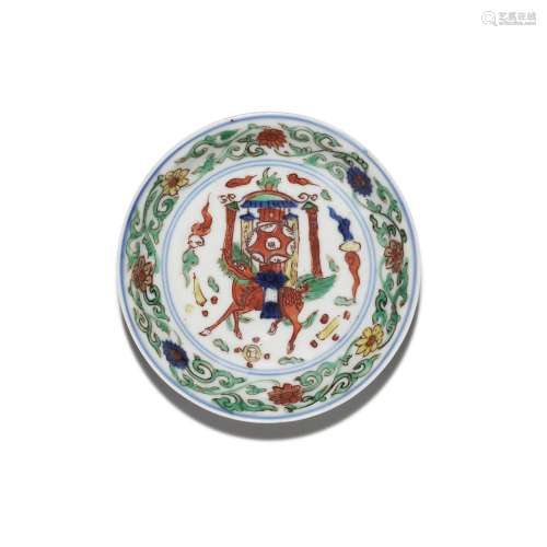 A wucai ‘qilin’ saucer dish, Mark and period of Wanli |  明萬...