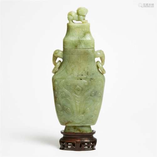 A Celadon Jade Vase and Cover With Ring Handles, 19th Centu