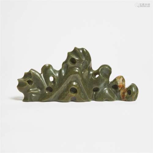 A Spinach Jade Mountain-Form Brush Rest, 20th Century, 二十世...