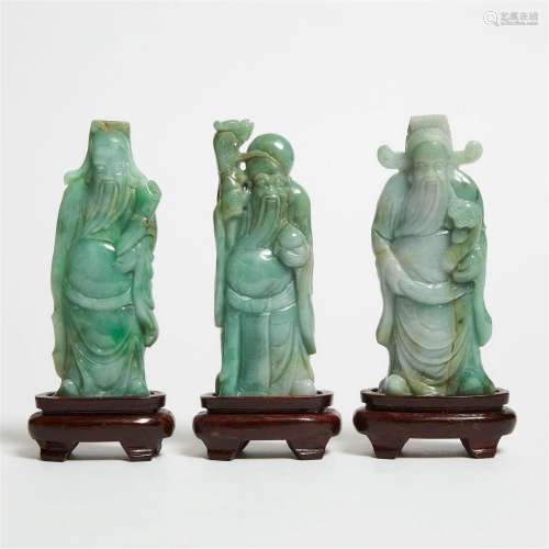 A Set of Three Jadeite Figures of Fu, Lu and Shou, 20th Cen