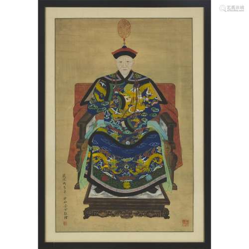 A Chinese Ancestor Portrait on Silk, Dated 1916, 民国 祖先像...
