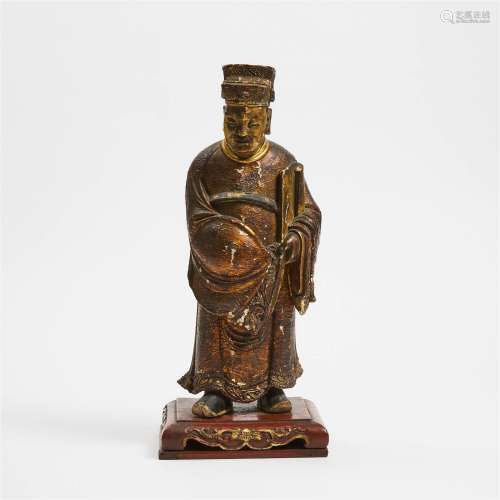 A Chinese Gilt Lacquered Wood Figure of a Scholar, 18th Cen
