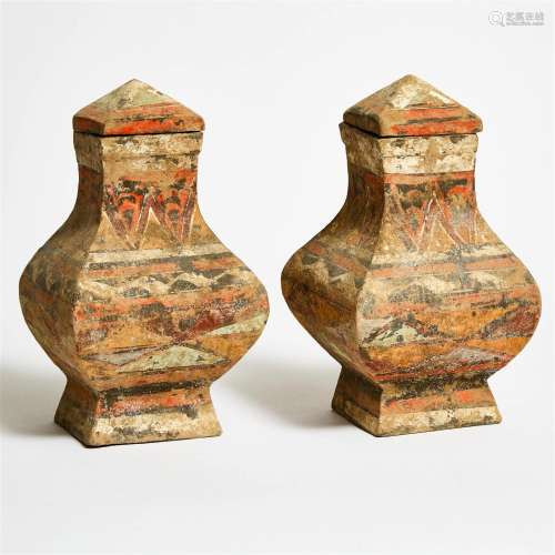 A Pair of Painted Pottery Square Vases and Covers, Fanghu,