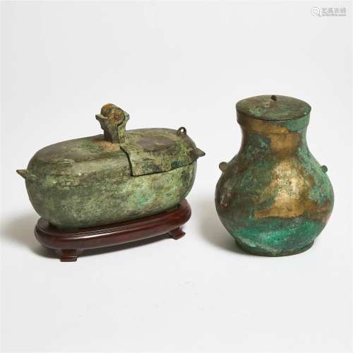 A Bronze Oil Lamp, Together With a Lidded Vase, Han Dynasty