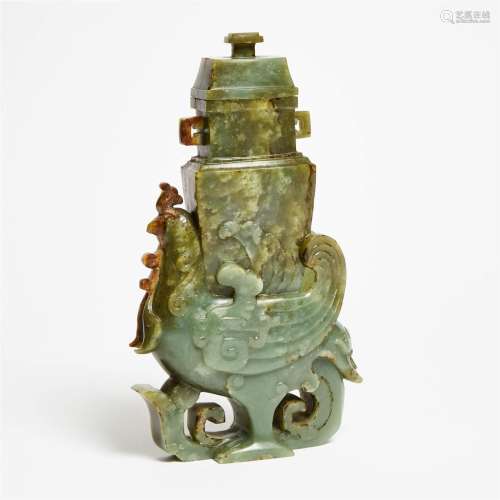 A Celadon Jade 'Phoenix' Vase and Cover, Republican Period,