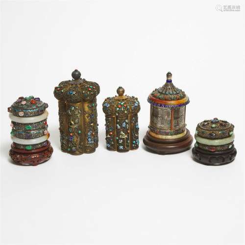 A Group of Five Jade-Mounted and Silver Filigree Containers