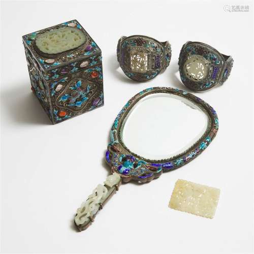 A Group of Five Jade and Silver Filigree Objects, Late Qing