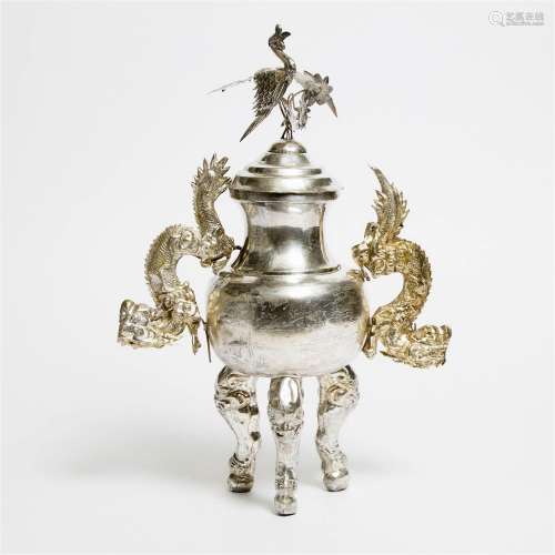 A Chinese Silver Tripod Vessel and Cover, Early 20th Centur