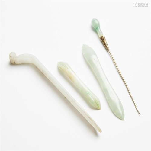 A Group of Four Jade and Jadeite Hair Pins, 19th Century, 晚