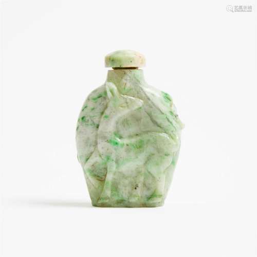 A Carved Jadeite 'Deer and Lotus' Snuff Bottle, Late Qing/R