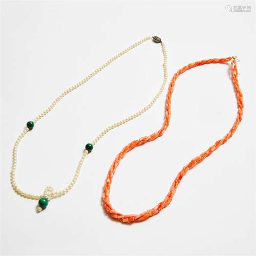 A Coral Necklace, Together With a Pearl and Malachite Neckl