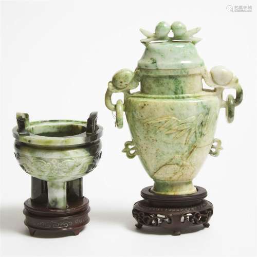 A Jadeite Covered Vase and Incense Burner, Republican Perio