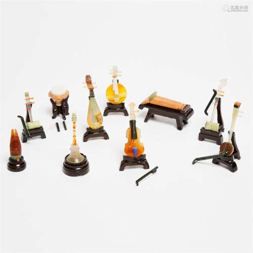 A Set of Ten Miniature Hardstone Musical Instruments, 20th