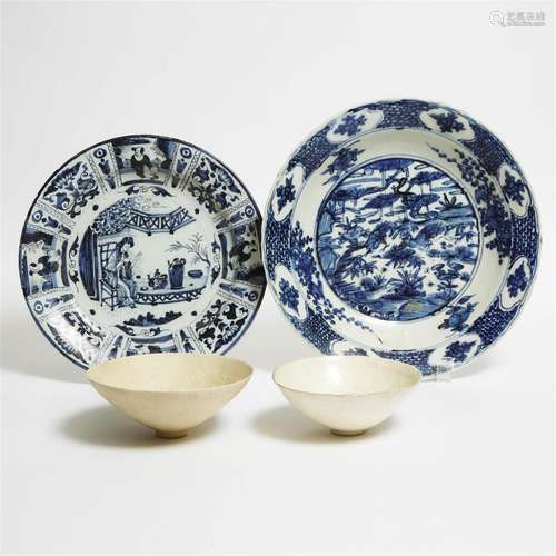 Two Blue and White Swatow Chargers, Together With Two Ding-