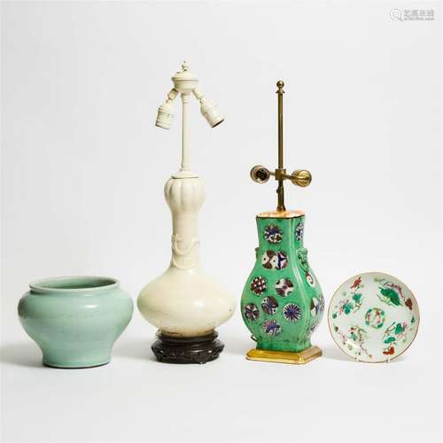 Two Porcelain Vase Lamps, Together With a Celadon Jar and F