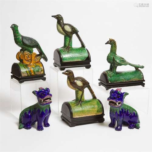 Four Green-Glazed Bird-Form Pottery Tiles, Together With a