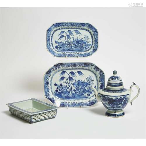 A Group of Four Blue and White Platters, Teapot, and Daffod