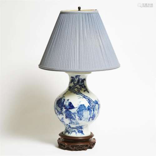 A Blue and White 'Daoist Figures' Vase Lamp, 19th Century,