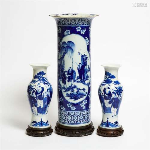 A Pair of Blue and White Vases, Together With a Sleeve Vase
