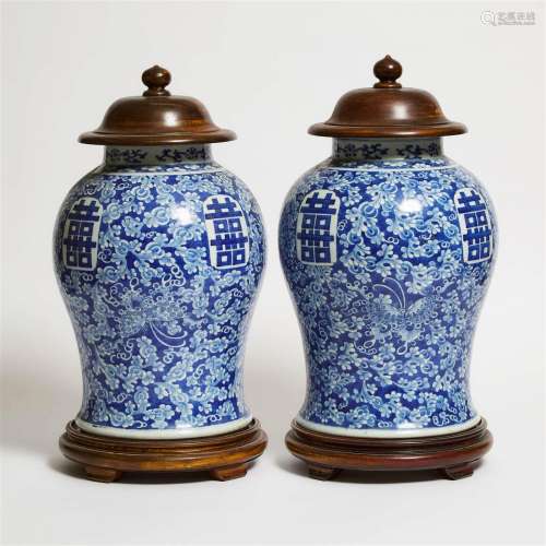 A Pair of Blue and White 'Double Happiness' Baluster Jars,