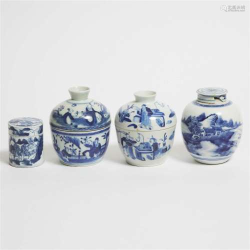 A Group of Four Blue and White Vessels, Qing Dynasty, 19th