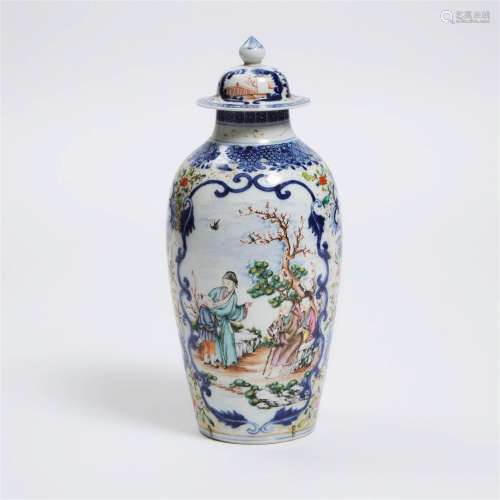 A Chinese Export Famille Rose Blue and White 'Figural' Vase