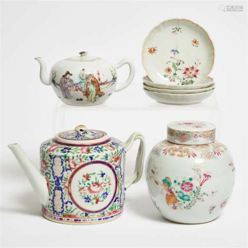 A Group of Seven Famille Rose Teapots, Jar, and Dishes, 18t