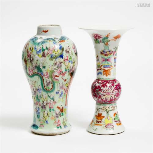 A Famille Rose Baluster Vase, Together With a Gu Vase, Late