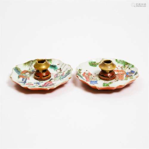 A Pair of Famille Rose 'Figural' Candle Dishes, Tongzhi Per