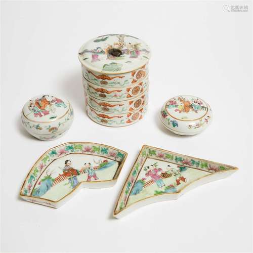 A Group of Five Famille Rose Porcelain Wares, Late Qing Dyn