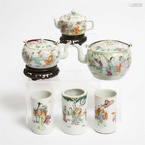 A Group of Six Famille Rose Teapots and Brush Pots, Late Qi