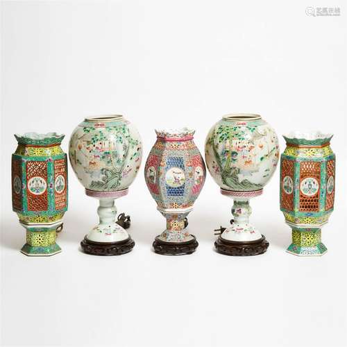 A Group of Five Famille Rose Porcelain Lanterns, Late Qing/