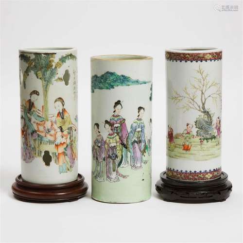 A Group of Three Famille Rose 'Ladies and Boys' Sleeve Vase