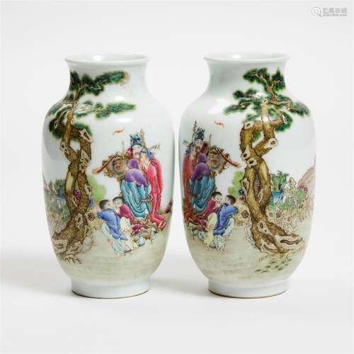 A Pair of Fine Famille Rose 'Figural' Vases, Qianlong Mark,